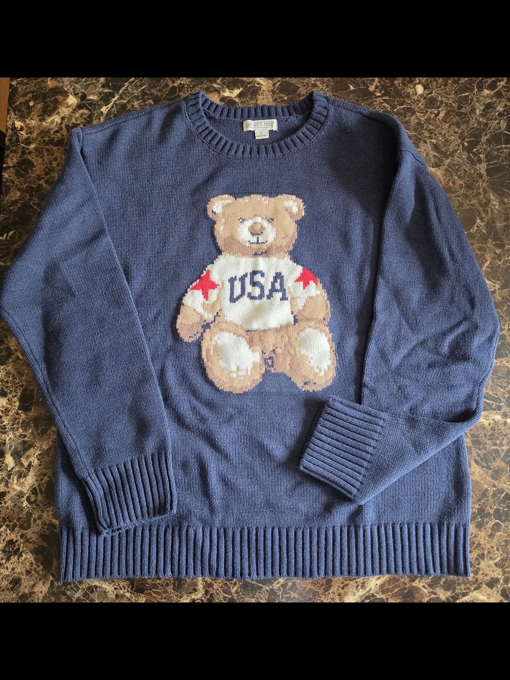 🇺🇸 NWOT Mighty Fine Navy Crewneck Sweater with Teddy Bear (Size: L)